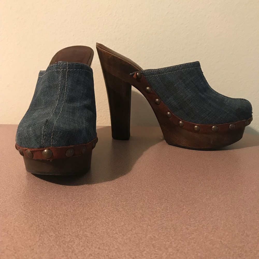 Miu Miu denim and wood heel clogs